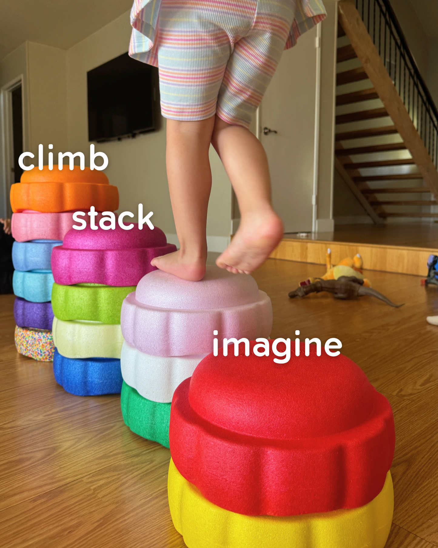 Colorful fun versatile stacking stones, stepping stones made out of lightweight Expended Polypropylene foam for kids for movement, open ended play, active learning, creativity, exercise, social development, motor development, cognitive development. can be combined with the balance board