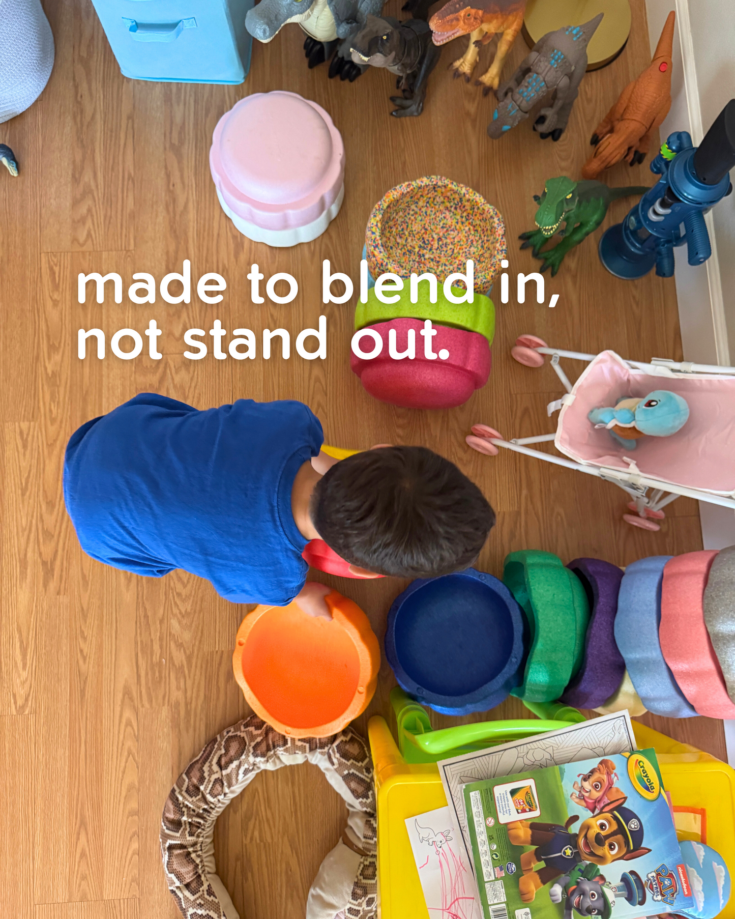 Colorful fun versatile stacking stones, stepping stones made out of lightweight Expended Polypropylene foam for kids for movement, open ended play, active learning, creativity, exercise, social development, motor development, cognitive development. can be combined with the balance board