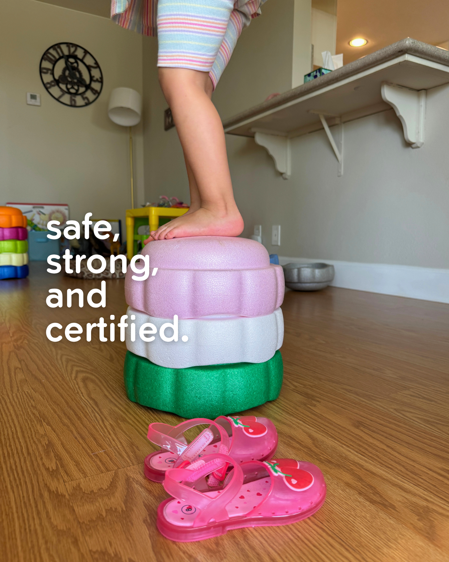 Colorful fun versatile stacking stones, stepping stones made out of lightweight Expended Polypropylene foam for kids for movement, open ended play, active learning, creativity, exercise, social development, motor development, cognitive development. can be combined with the balance board