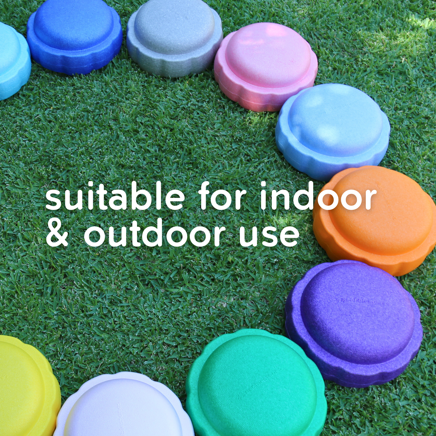 Colorful fun versatile stacking stones, stepping stones made out of lightweight Expended Polypropylene foam for kids for movement, open ended play, active learning, creativity, exercise, social development, motor development, cognitive development. can be combined with the balance board