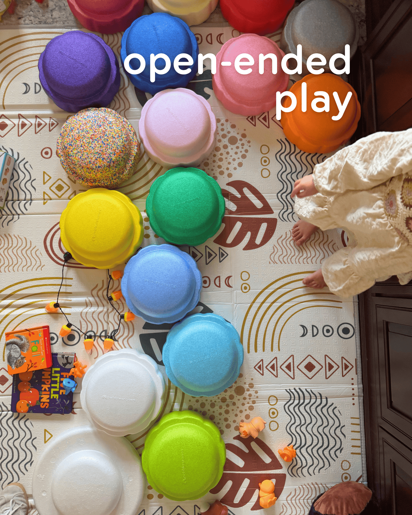 Colorful fun versatile stacking stones, stepping stones made out of lightweight Expended Polypropylene foam for kids for movement, open ended play, active learning, creativity, exercise, social development, motor development, cognitive development. can be combined with the balance board