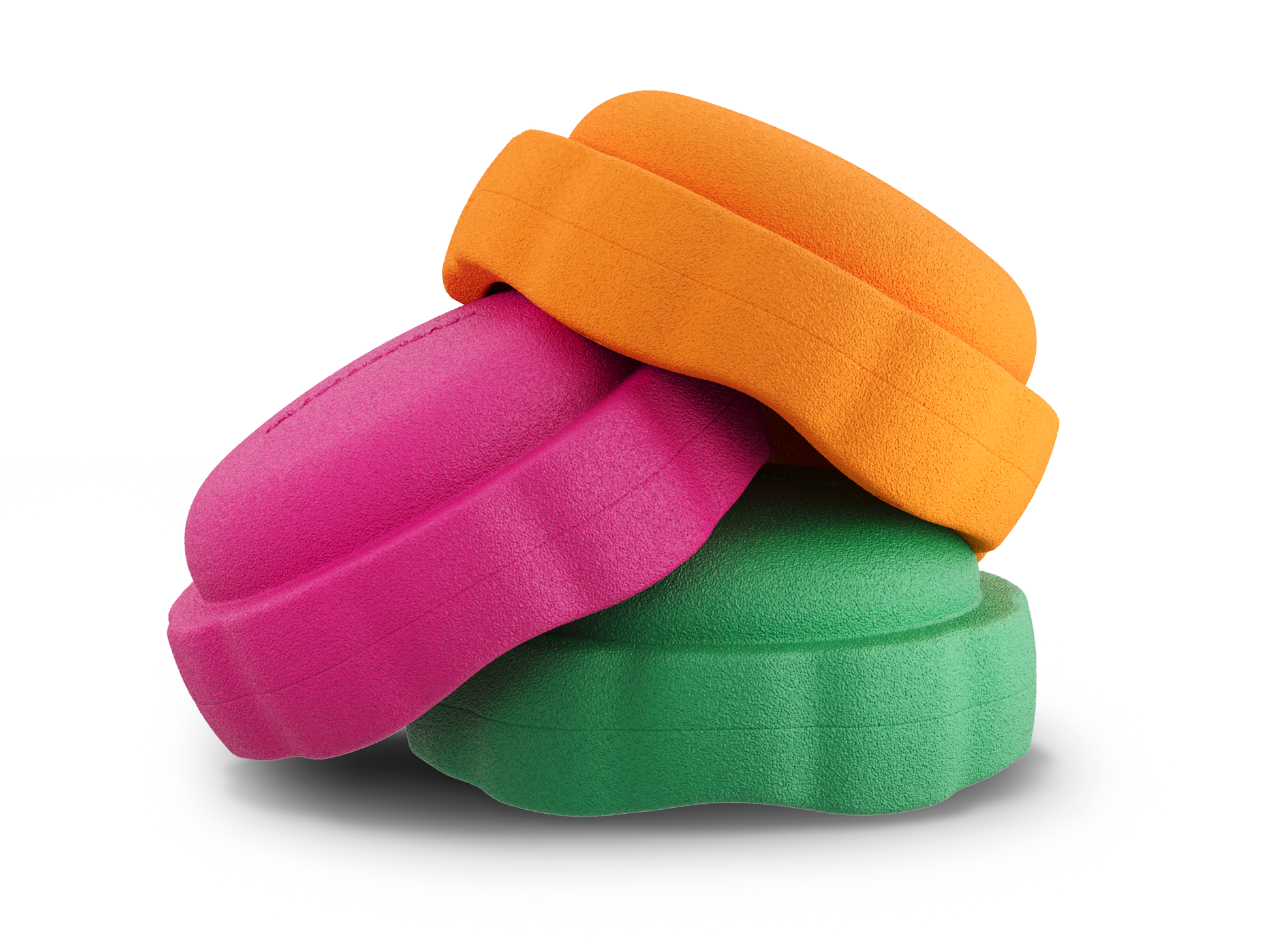 set of 3 orange, dragon fruit, jade colors versatile fun stacking stones, stepping stones made out of lightweight Expended Polypropylene foam for kids for movement, open ended play, active learning, creativity, exercise, social development, motor development, cognitive development. can be combined with the balance board.