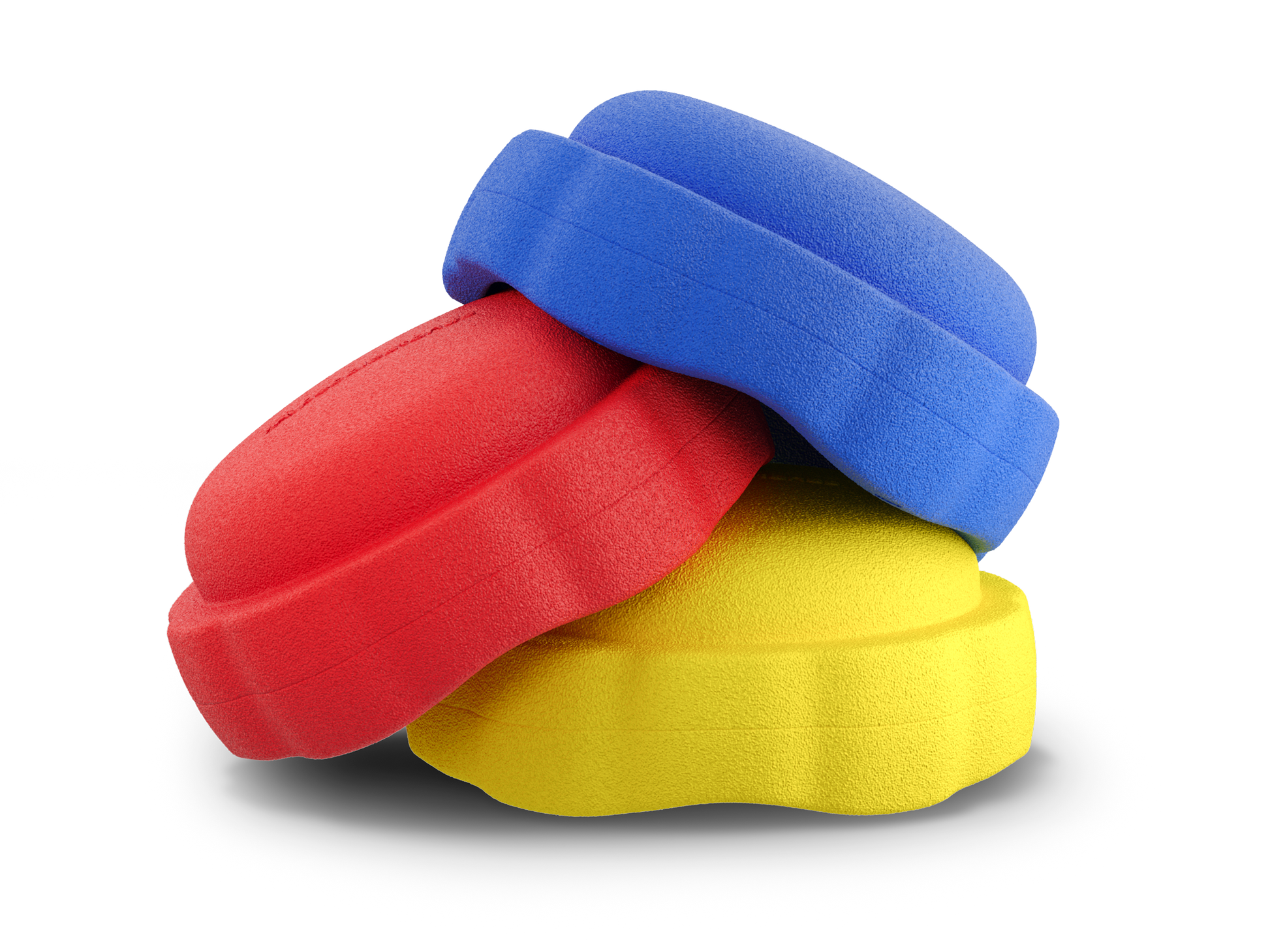 set of 3 dark blue, red, yellow colors versatile fun stacking stones, stepping stones made out of lightweight Expended Polypropylene foam for kids for movement, open ended play, active learning, creativity, exercise, social development, motor development, cognitive development. can be combined with the balance board.