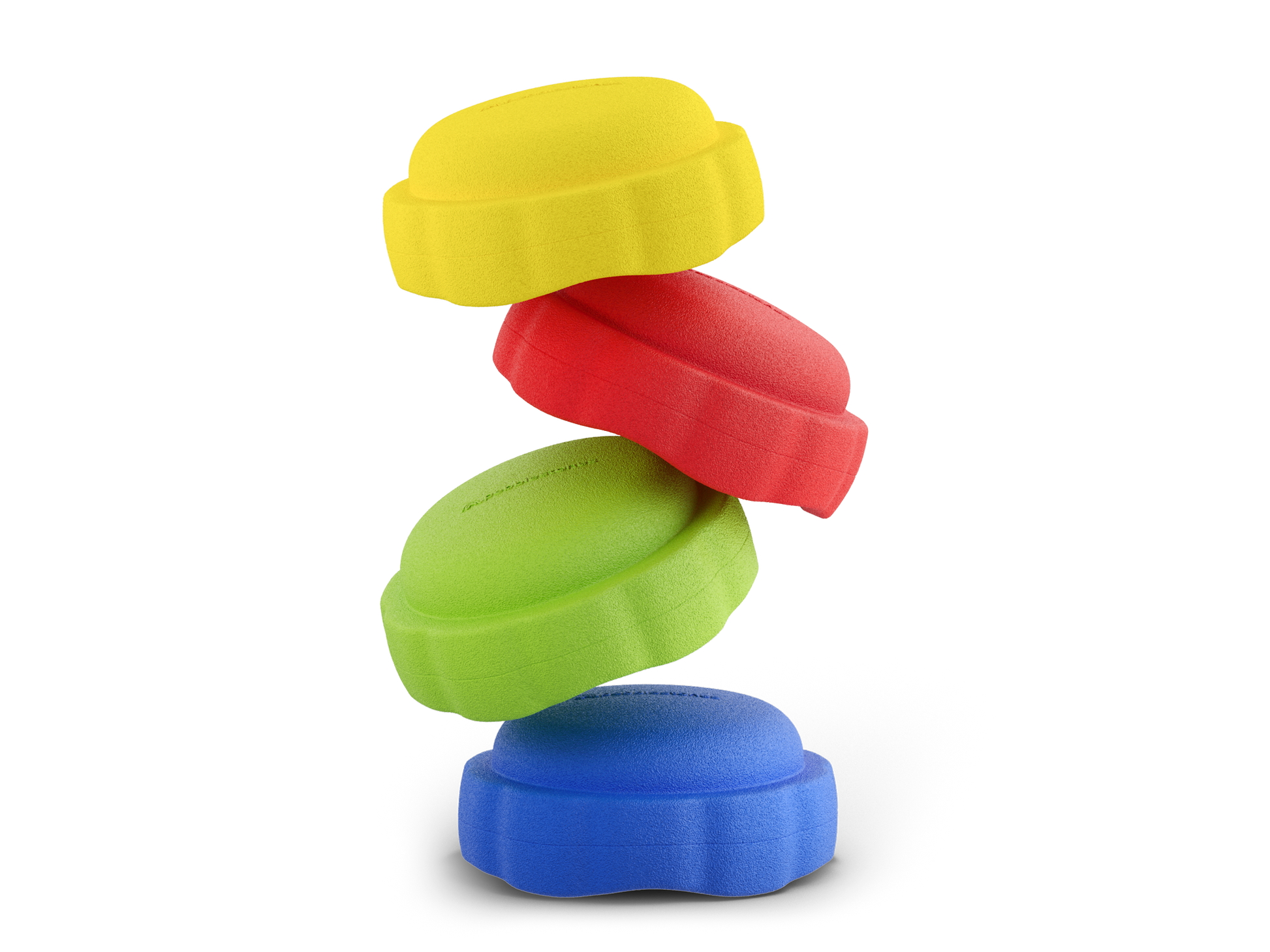 set of 4 yellow, red, green, dark blue colors versatile fun stacking stones, stepping stones made out of lightweight Expended Polypropylene foam for kids for movement, open ended play, active learning, creativity, exercise, social development, motor development, cognitive development. can be combined with the balance board.
