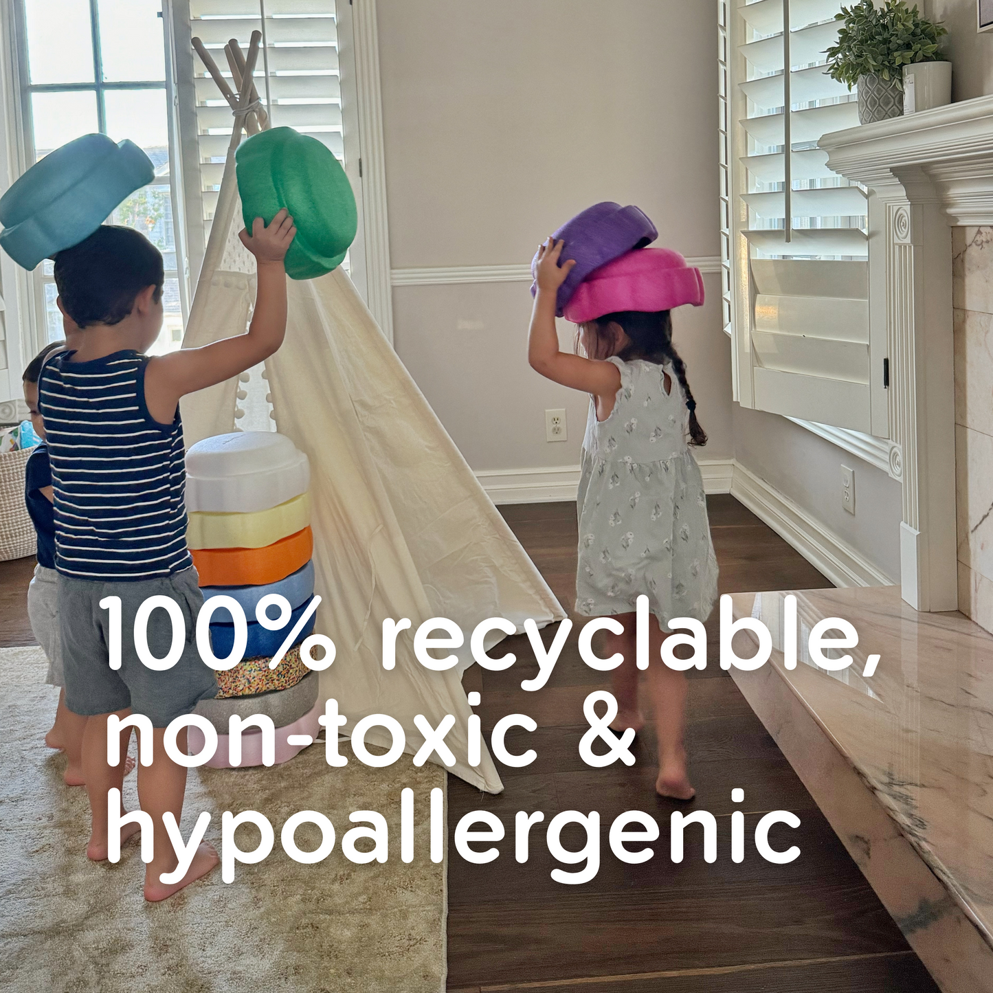 Colorful fun versatile stacking stones, stepping stones made out of lightweight Expended Polypropylene foam for kids for movement, open ended play, active learning, creativity, exercise, social development, motor development, cognitive development. can be combined with the balance board