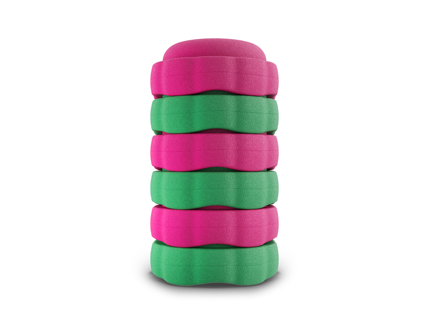 set of 6 dragon fruit, jade, dragon fruit, jade, dragon fruit, jade colors versatile fun stacking stones, stepping stones made out of lightweight Expended Polypropylene foam for kids for movement, open ended play, active learning, creativity, exercise, social development, motor development, cognitive development. can be combined with the balance board.