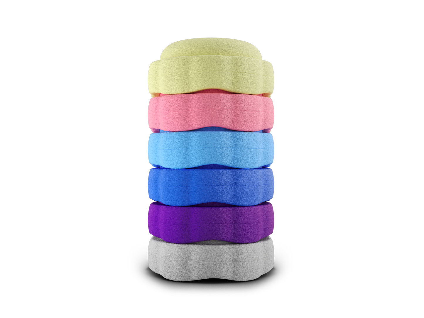 set of 6 pastel yellow, pink, pastel blue, dark blue, purple, grey colors versatile fun stacking stones, stepping stones made out of lightweight Expended Polypropylene foam for kids for movement, open ended play, active learning, creativity, exercise, social development, motor development, cognitive development. can be combined with the balance board.