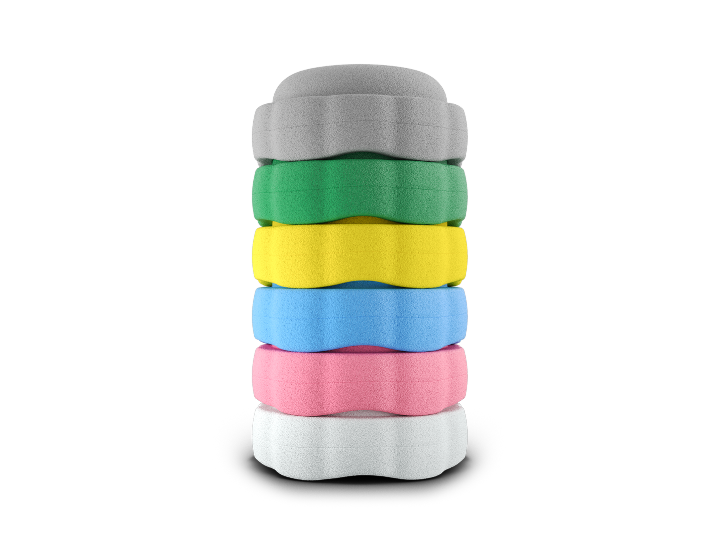 set of 6 grey, jade, yellow, pastel blue, pink, white colors versatile fun stacking stones, stepping stones made out of lightweight Expended Polypropylene foam for kids for movement, open ended play, active learning, creativity, exercise, social development, motor development, cognitive development. can be combined with the balance board.