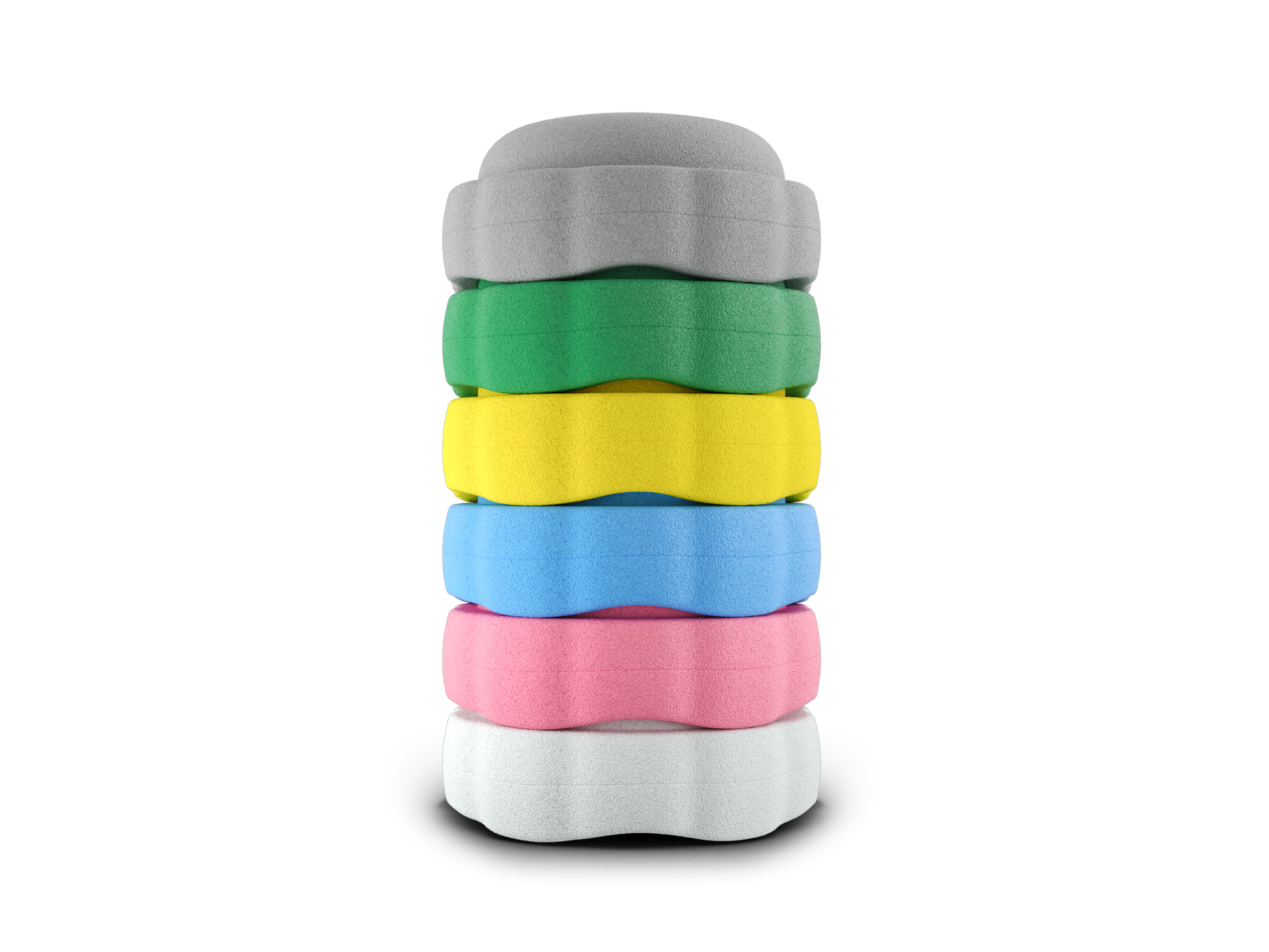 set of 6 grey, jade, yellow, pastel blue, pink, white colors versatile fun stacking stones, stepping stones made out of lightweight Expended Polypropylene foam for kids for movement, open ended play, active learning, creativity, exercise, social development, motor development, cognitive development. can be combined with the balance board.