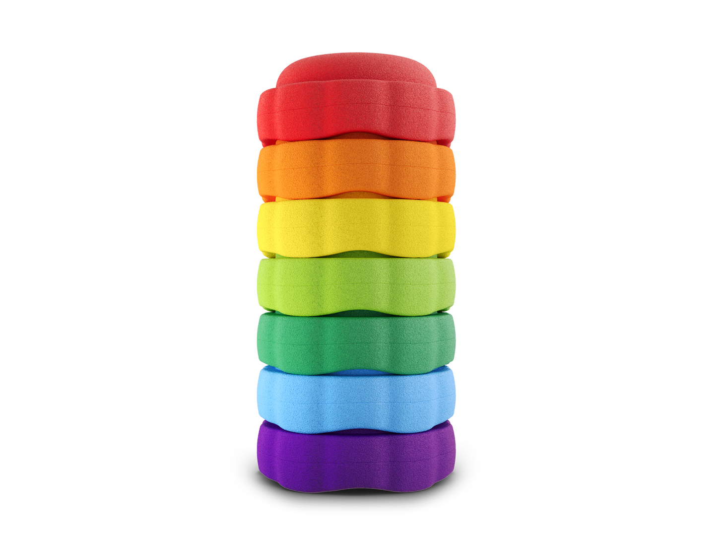 set of 7 red, orange, yellow, green, jade, pastel blue, purple colors versatile fun stacking stones, stepping stones made out of lightweight Expended Polypropylene foam for kids for movement, open ended play, active learning, creativity, exercise, social development, motor development, cognitive development. can be combined with the balance board.