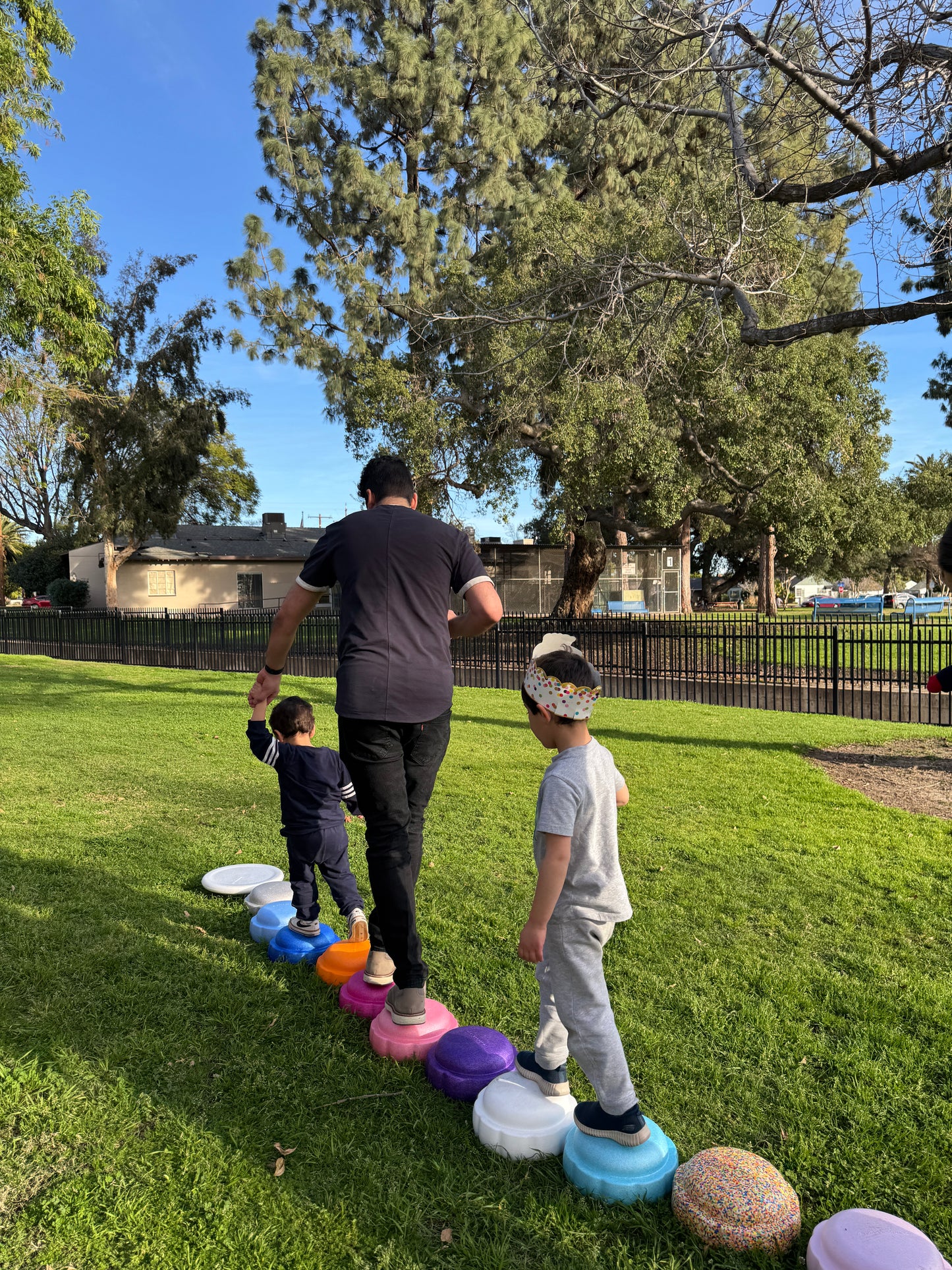 Colorful fun versatile stacking stones, stepping stones made out of lightweight Expended Polypropylene foam for kids for movement, open ended play, active learning, creativity, exercise, social development, motor development, cognitive development. can be combined with the balance board