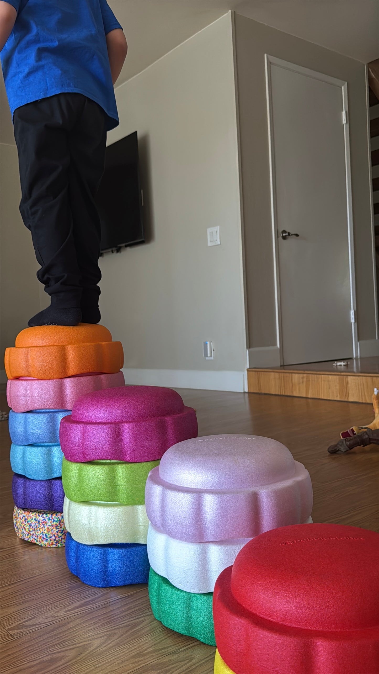 Colorful fun versatile stacking stones, stepping stones made out of lightweight Expended Polypropylene foam for kids for movement, open ended play, active learning, creativity, exercise, social development, motor development, cognitive development. can be combined with the balance board