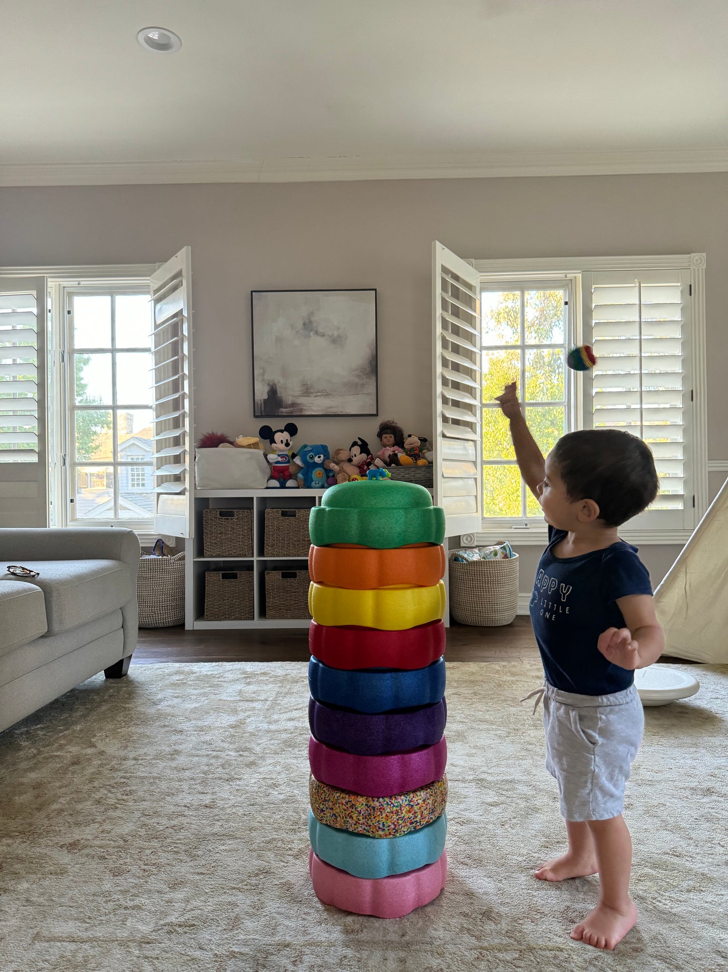 Colorful fun versatile stacking stones, stepping stones made out of lightweight Expended Polypropylene foam for kids for movement, open ended play, active learning, creativity, exercise, social development, motor development, cognitive development. can be combined with the balance board