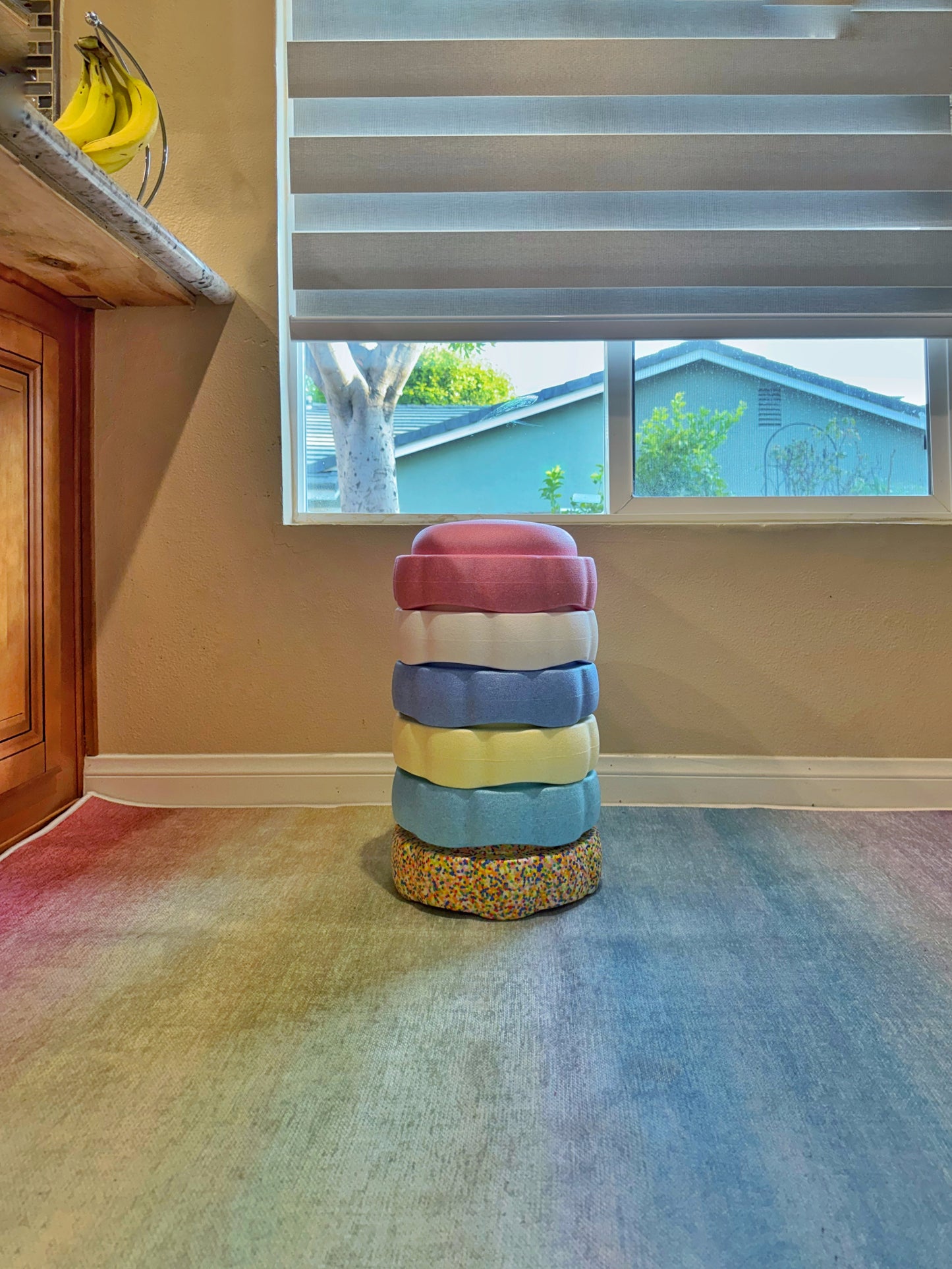 Colorful fun versatile stacking stones, stepping stones made out of lightweight Expended Polypropylene foam for kids for movement, open ended play, active learning, creativity, exercise, social development, motor development, cognitive development. can be combined with the balance board