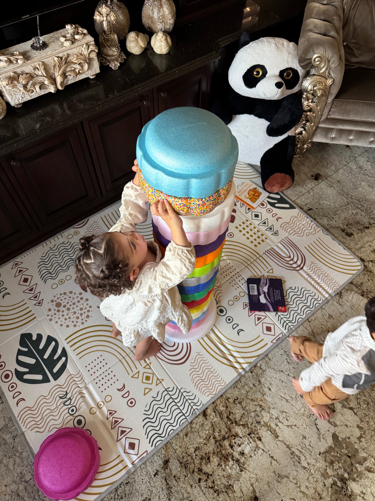 Colorful fun versatile stacking stones, stepping stones made out of lightweight Expended Polypropylene foam for kids for movement, open ended play, active learning, creativity, exercise, social development, motor development, cognitive development. can be combined with the balance board