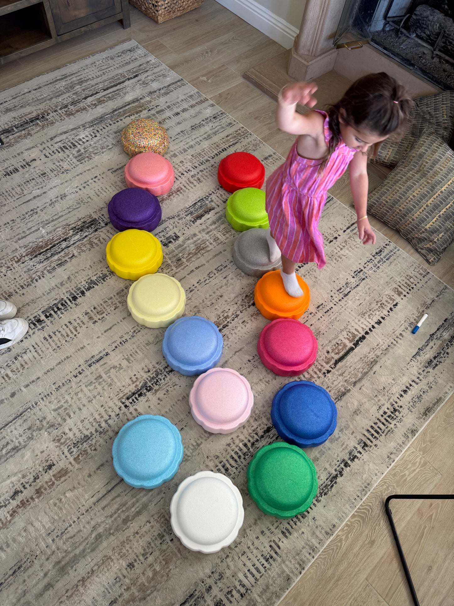 Colorful fun versatile stacking stones, stepping stones made out of lightweight Expended Polypropylene foam for kids for movement, open ended play, active learning, creativity, exercise, social development, motor development, cognitive development. can be combined with the balance board