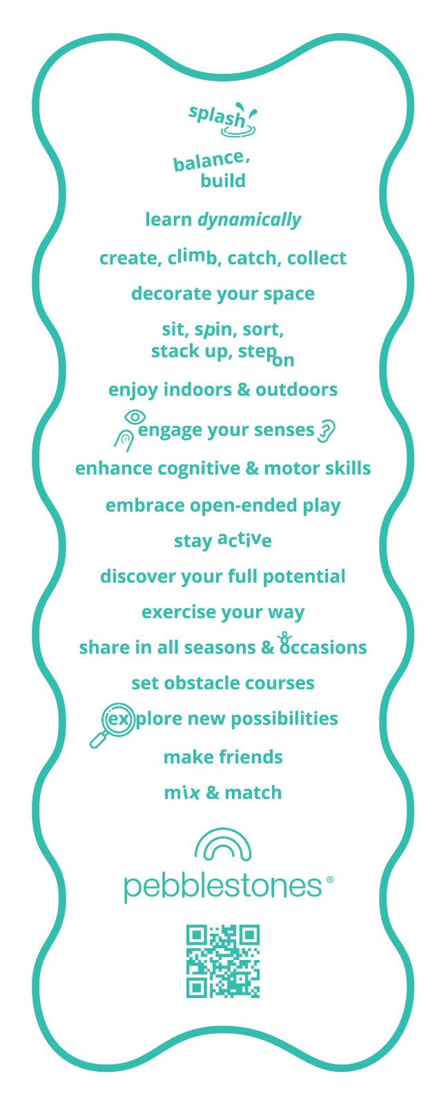 Fun list on how to use Pebblestones, benefits of open-ended play, versatile use, movement, play and learning.