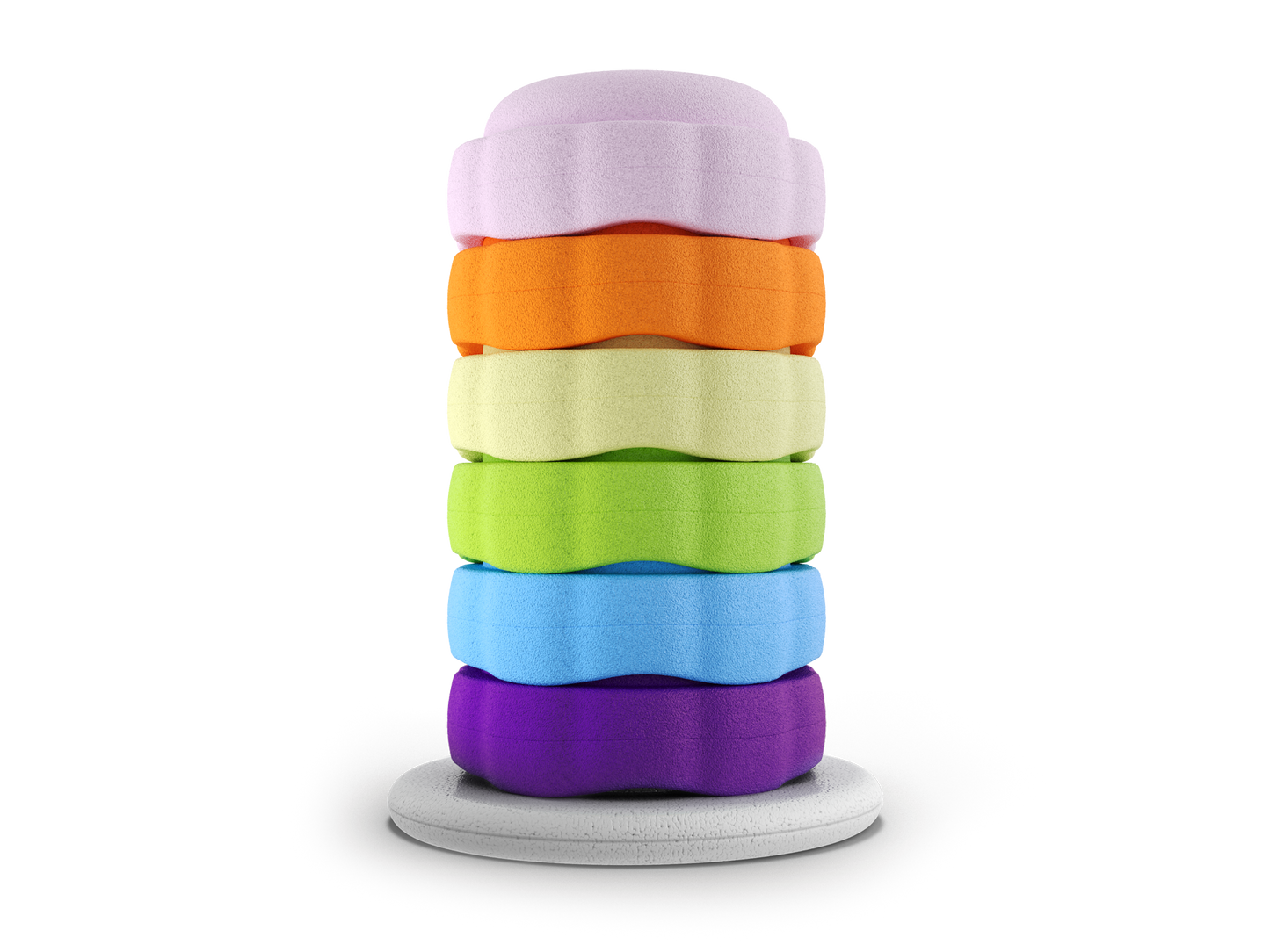 set of 6 light pink, orange, pastel yellow, green, pastel blue, purple colors versatile fun stacking stones, stepping stones made out of lightweight Expended Polypropylene foam for kids for movement, open ended play, active learning, creativity, exercise, social development, motor development, cognitive development. combined with the balance board forworkout, exercise, movement, and active play for kids. Used for yoga and physical therapy. Raised edge for extra support.