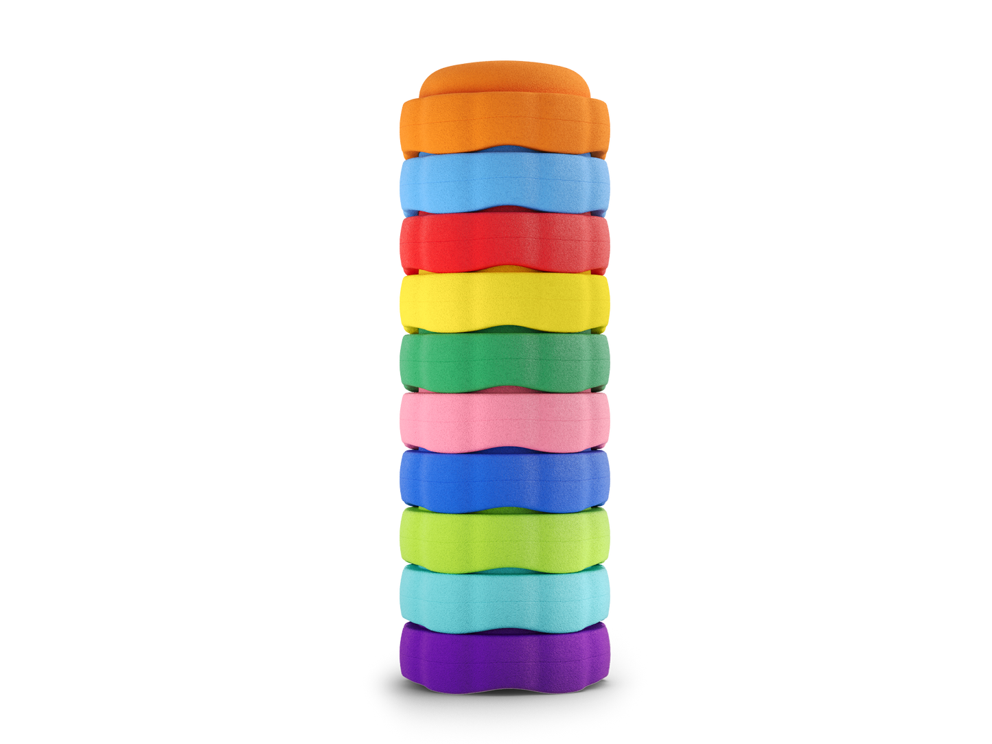 set of 10 orange, pastel blue, red, yellow, jade, pink, dark blue, green, turquoise, purple colors versatile fun stacking stones, stepping stones made out of lightweight Expended Polypropylene foam for kids for movement, open ended play, active learning, creativity, exercise, social development, motor development, cognitive development. can be combined with the balance board.