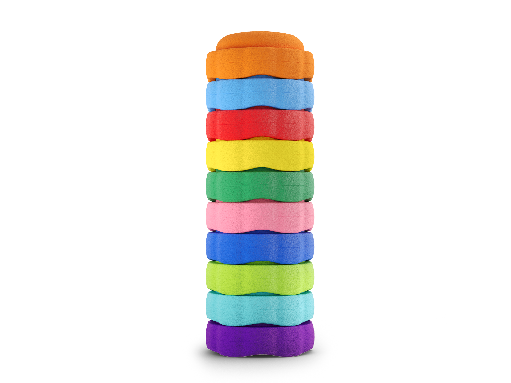 set of 10 orange, pastel blue, red, yellow, jade, pink, dark blue, green, turquoise, purple colors versatile fun stacking stones, stepping stones made out of lightweight Expended Polypropylene foam for kids for movement, open ended play, active learning, creativity, exercise, social development, motor development, cognitive development. can be combined with the balance board.