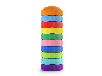 set of 10 orange, pastel blue, red, yellow, jade, pink, dark blue, green, turquoise, purple colors versatile fun stacking stones, stepping stones made out of lightweight Expended Polypropylene foam for kids for movement, open ended play, active learning, creativity, exercise, social development, motor development, cognitive development. can be combined with the balance board.