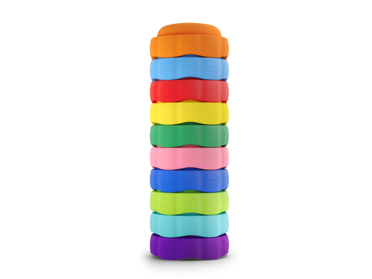 set of 10 orange, pastel blue, red, yellow, jade, pink, dark blue, green, turquoise, purple colors versatile fun stacking stones, stepping stones made out of lightweight Expended Polypropylene foam for kids for movement, open ended play, active learning, creativity, exercise, social development, motor development, cognitive development. can be combined with the balance board.