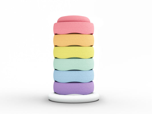 Pastel Paradise Pebblestones Set of 6 + 1 Balance Board. Fun stacking stones set made out of lightweight foam for kids for movement, open ended play, active learning, creativity, fun, workout, yoga.