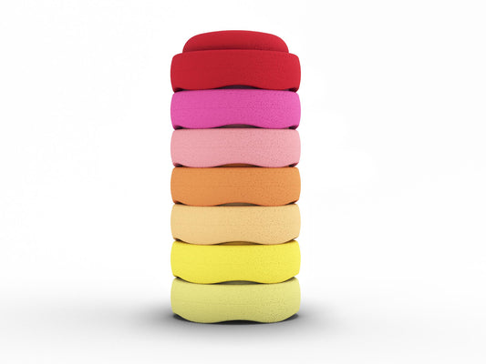 Fireside Fiesta Pebblestones Set of 7. Fun stacking stones set made out of lightweight foam for kids for movement, open ended play, active learning, creativity, fun, workout, yoga.