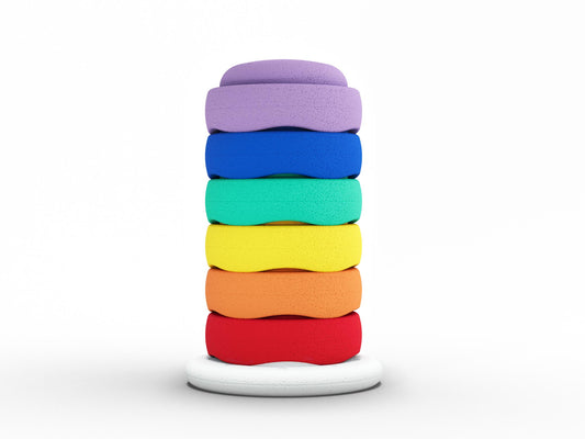 Playful Pebbles Pebblestones Set of 6 + 1 Balance Board. Fun stacking stones set made out of lightweight foam for kids for movement, open ended play, active learning, creativity, fun, workout, yoga.