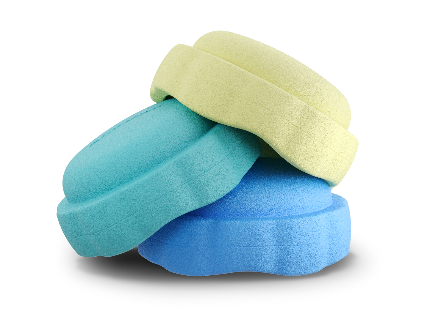 set of 3 pastel yellow, turquoise, pastel blue colors versatile fun stacking stones, stepping stones made out of lightweight Expended Polypropylene foam for kids for movement, open ended play, active learning, creativity, exercise, social development, motor development, cognitive development. can be combined with the balance board.