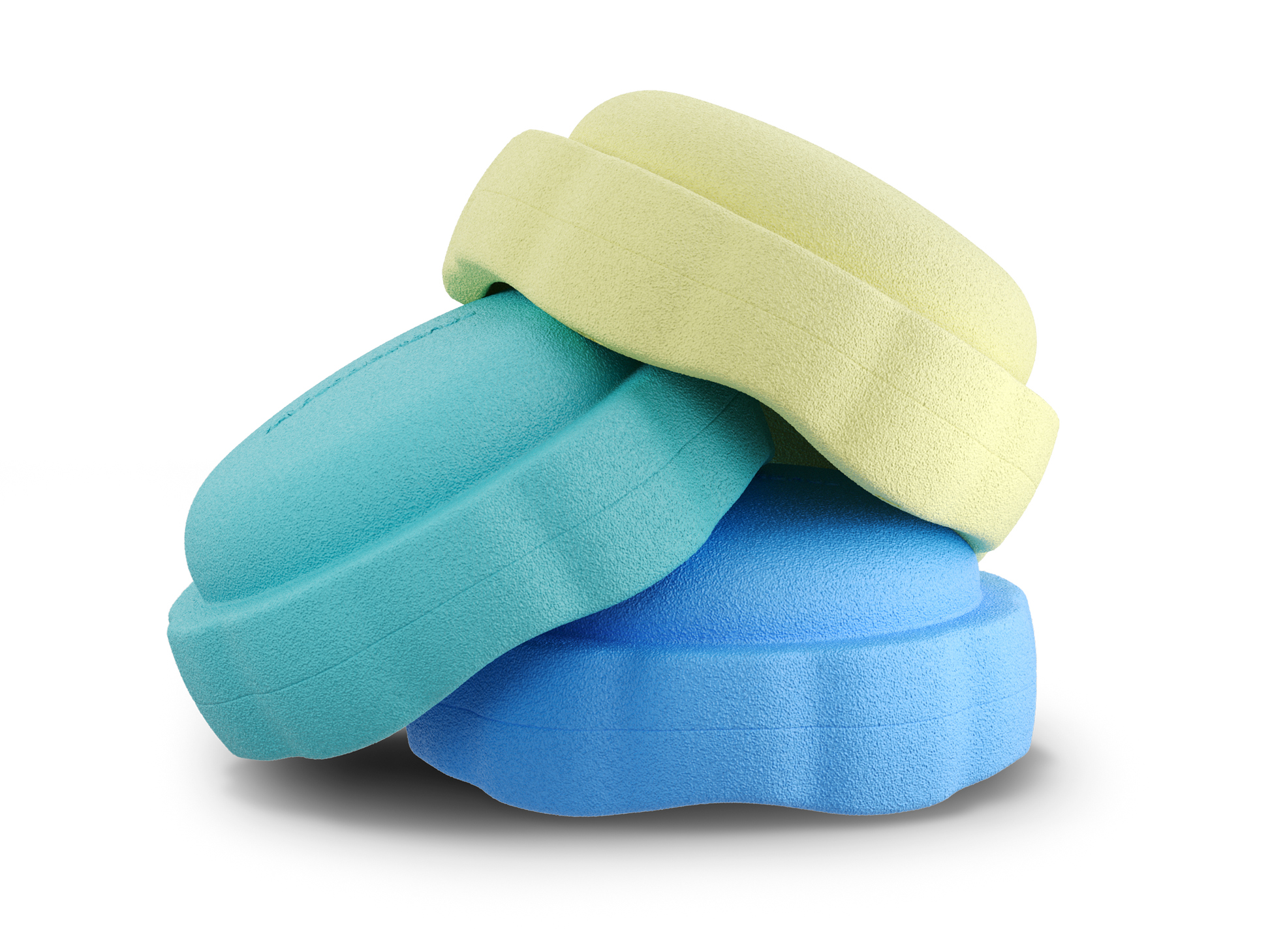 set of 3 pastel yellow, turquoise, pastel blue colors versatile fun stacking stones, stepping stones made out of lightweight Expended Polypropylene foam for kids for movement, open ended play, active learning, creativity, exercise, social development, motor development, cognitive development. can be combined with the balance board.