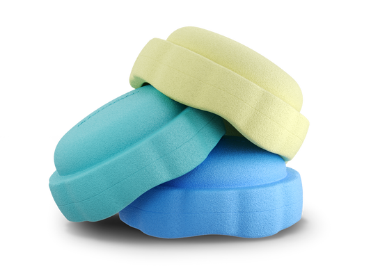 set of 3 pastel yellow, turquoise, pastel blue colors versatile fun stacking stones, stepping stones made out of lightweight Expended Polypropylene foam for kids for movement, open ended play, active learning, creativity, exercise, social development, motor development, cognitive development. can be combined with the balance board.