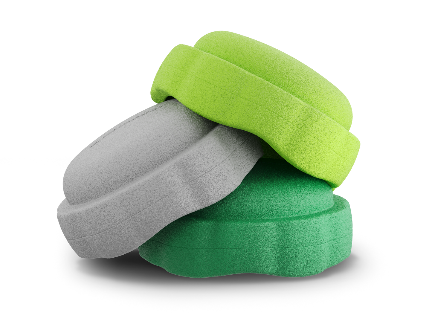 set of 3 green, grey, jade colors versatile fun stacking stones, stepping stones made out of lightweight Expended Polypropylene foam for kids for movement, open ended play, active learning, creativity, exercise, social development, motor development, cognitive development. can be combined with the balance board.