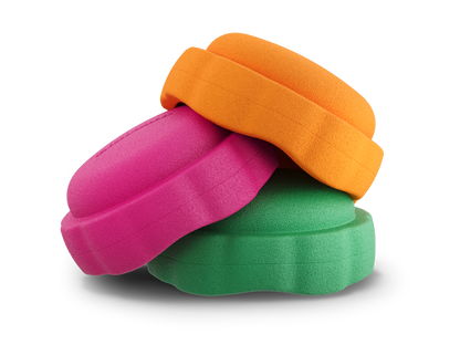 set of 3 orange, dragon fruit, jade colors versatile fun stacking stones, stepping stones made out of lightweight Expended Polypropylene foam for kids for movement, open ended play, active learning, creativity, exercise, social development, motor development, cognitive development. can be combined with the balance board.