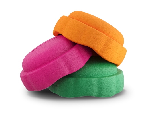 set of 3 orange, dragon fruit, jade colors versatile fun stacking stones, stepping stones made out of lightweight Expended Polypropylene foam for kids for movement, open ended play, active learning, creativity, exercise, social development, motor development, cognitive development. can be combined with the balance board.