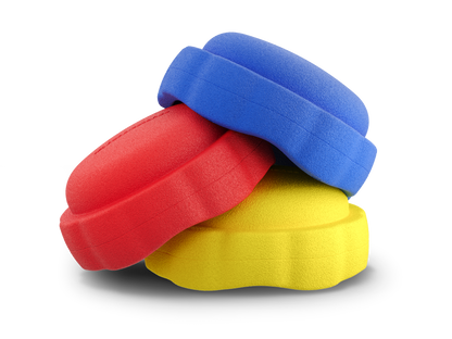 set of 3 dark blue, red, yellow colors versatile fun stacking stones, stepping stones made out of lightweight Expended Polypropylene foam for kids for movement, open ended play, active learning, creativity, exercise, social development, motor development, cognitive development. can be combined with the balance board.