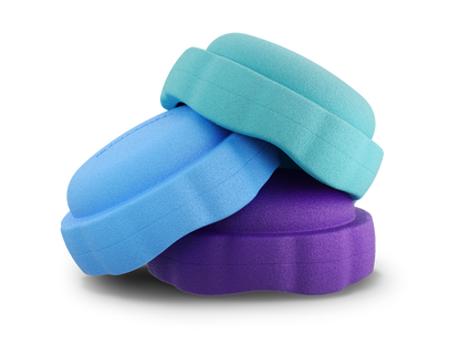 set of 3 turquoise, pastel blue, purple colors versatile fun stacking stones, stepping stones made out of lightweight Expended Polypropylene foam for kids for movement, open ended play, active learning, creativity, exercise, social development, motor development, cognitive development. can be combined with the balance board.