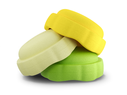 set of 3 yellow, pastel yellow, green colors versatile fun stacking stones, stepping stones made out of lightweight Expended Polypropylene foam for kids for movement, open ended play, active learning, creativity, exercise, social development, motor development, cognitive development. can be combined with the balance board.