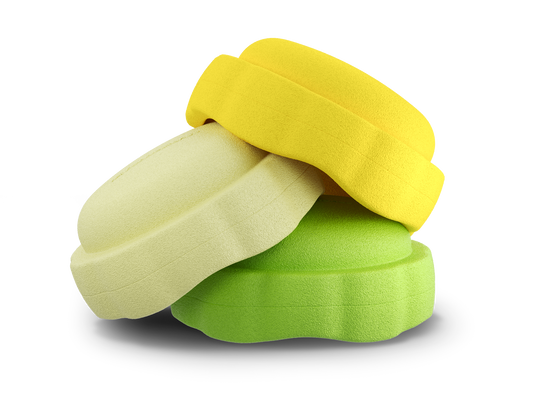 set of 3 yellow, pastel yellow, green colors versatile fun stacking stones, stepping stones made out of lightweight Expended Polypropylene foam for kids for movement, open ended play, active learning, creativity, exercise, social development, motor development, cognitive development. can be combined with the balance board.