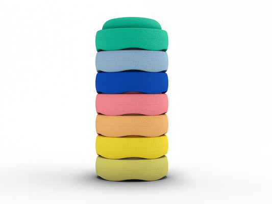 Playtime Paradise Pebblestones Set of 7. Fun stacking stones set made out of lightweight foam for kids for movement, open ended play, active learning, creativity, fun, workout, yoga.