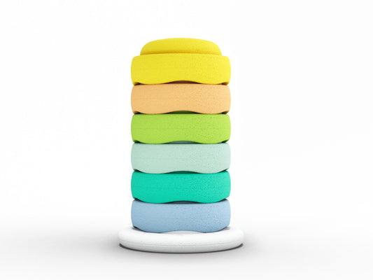 Safari Adventures Pebblestones Set of 6 + 1 Balance Board. Fun stacking stones set made out of lightweight foam for kids for movement, open ended play, active learning, creativity, fun, workout, yoga.
