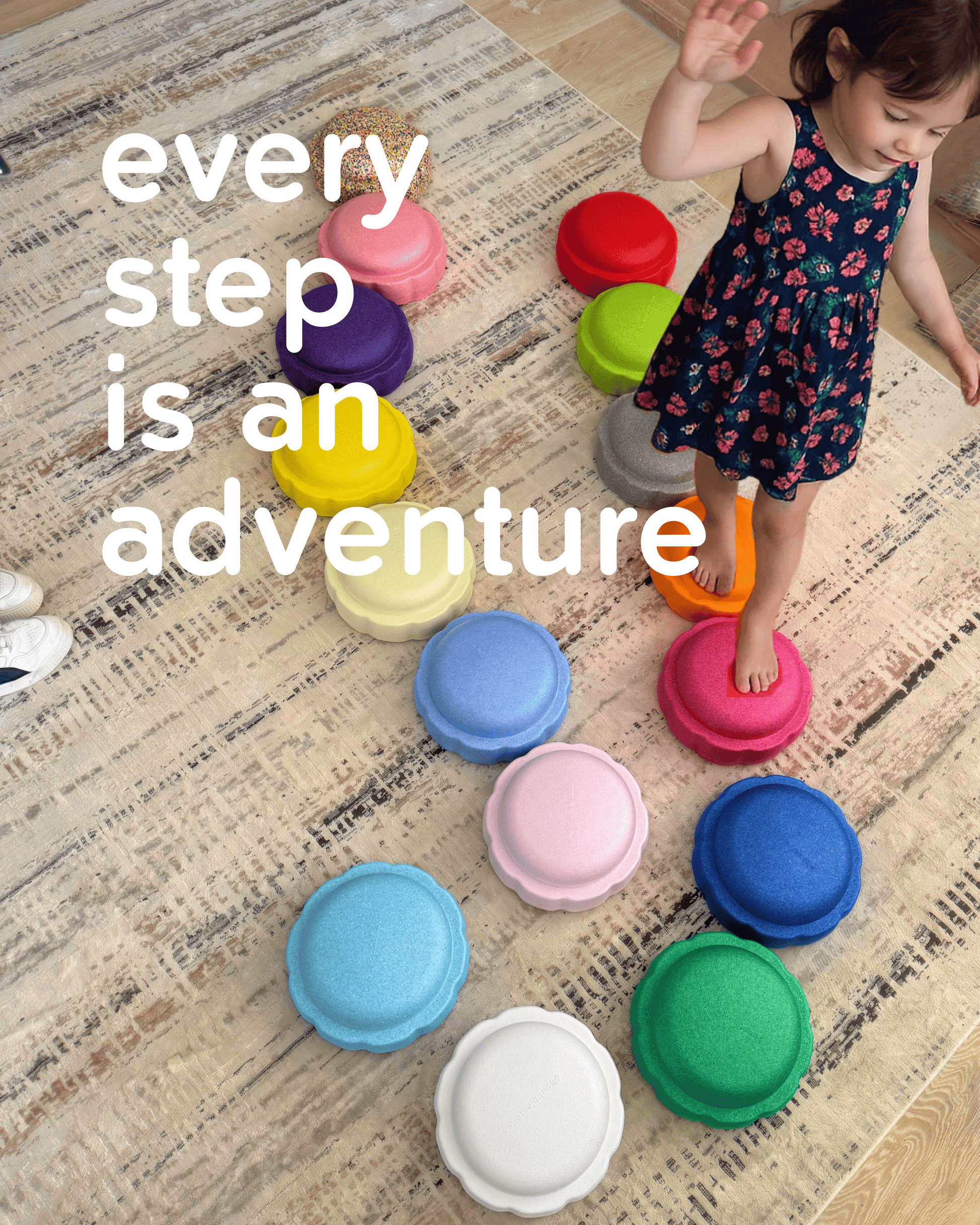 Colorful fun versatile stacking stones, stepping stones made out of lightweight Expended Polypropylene foam for kids for movement, open ended play, active learning, creativity, exercise, social development, motor development, cognitive development. can be combined with the balance board