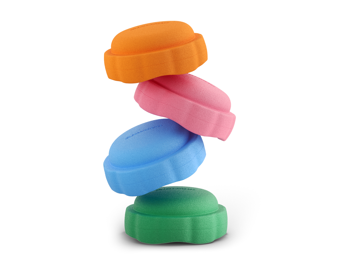 set of 4 orange, pink, pastel blue, jade colors versatile fun stacking stones, stepping stones made out of lightweight Expended Polypropylene foam for kids for movement, open ended play, active learning, creativity, exercise, social development, motor development, cognitive development. can be combined with the balance board.