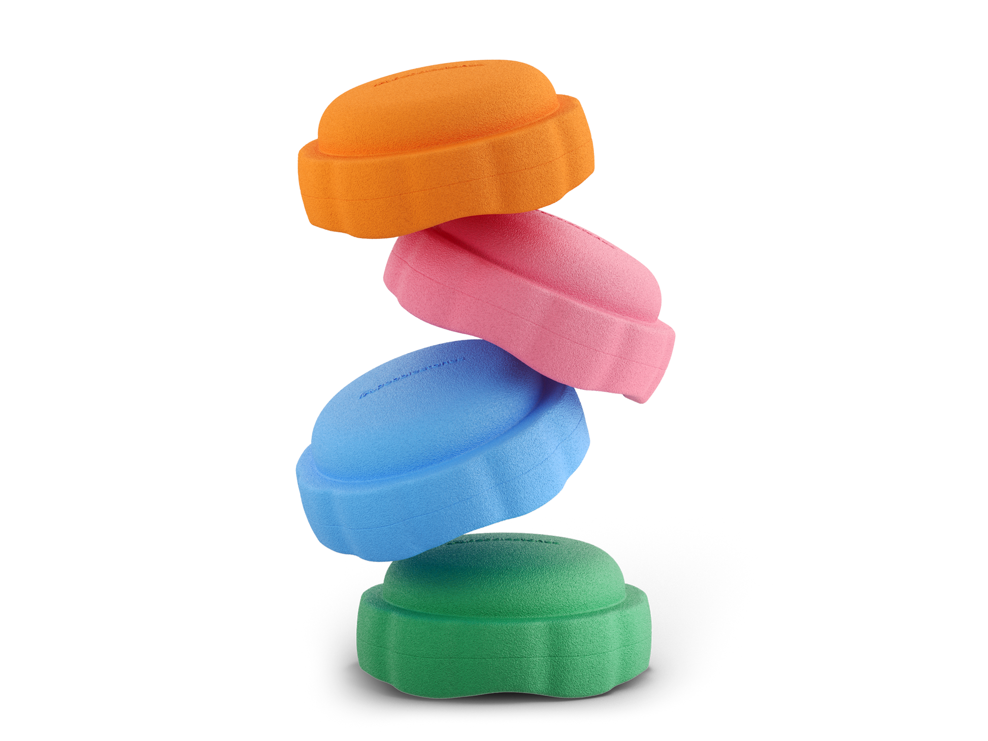 set of 4 orange, pink, pastel blue, jade colors versatile fun stacking stones, stepping stones made out of lightweight Expended Polypropylene foam for kids for movement, open ended play, active learning, creativity, exercise, social development, motor development, cognitive development. can be combined with the balance board.