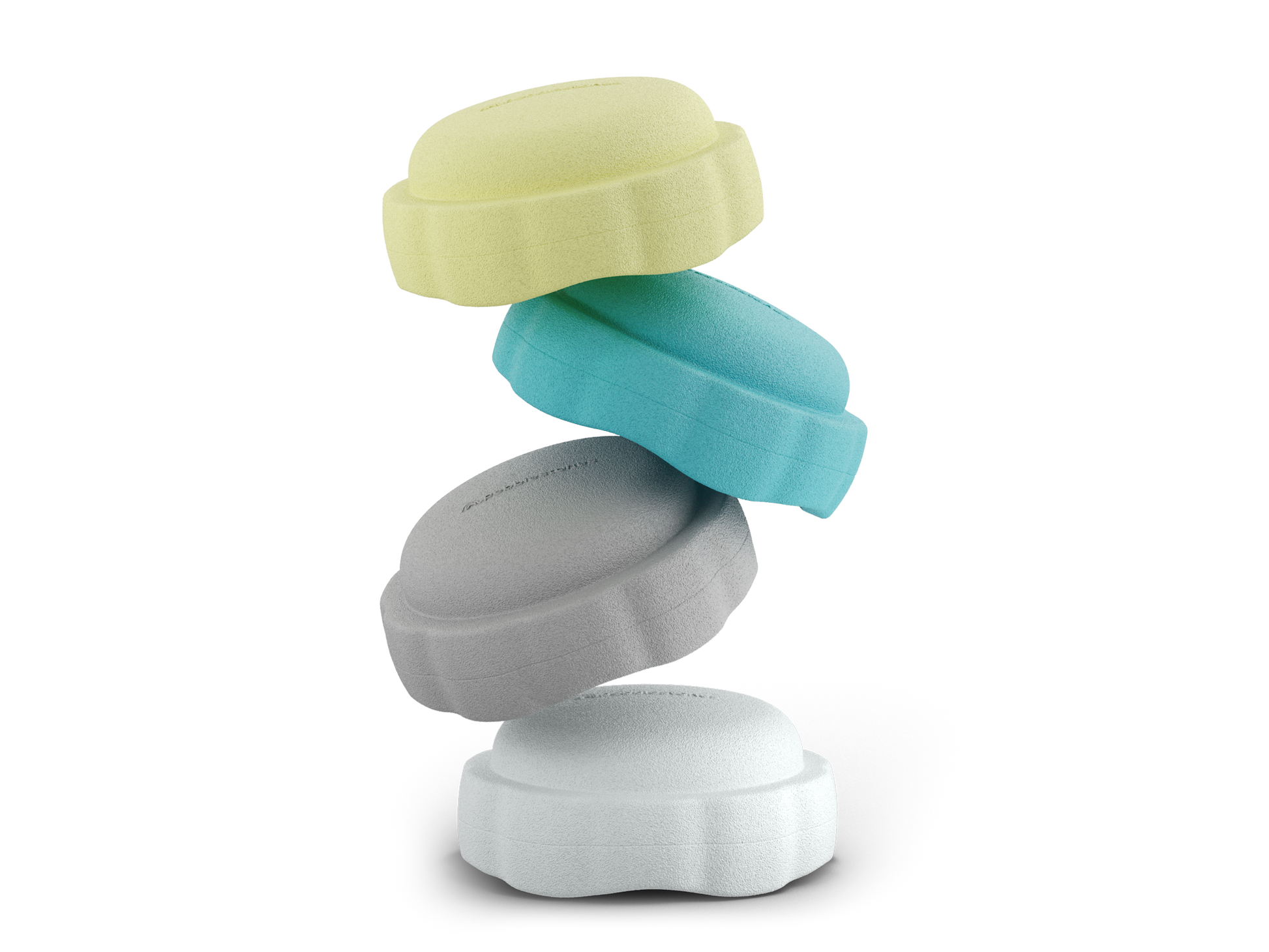 set of 4 pastel yellow, turquoise, grey, white colors versatile fun stacking stones, stepping stones made out of lightweight Expended Polypropylene foam for kids for movement, open ended play, active learning, creativity, exercise, social development, motor development, cognitive development. can be combined with the balance board.