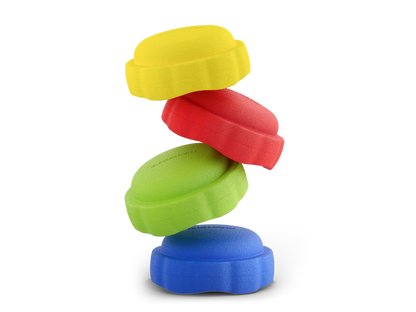 set of 4 yellow, red, green, dark blue colors versatile fun stacking stones, stepping stones made out of lightweight Expended Polypropylene foam for kids for movement, open ended play, active learning, creativity, exercise, social development, motor development, cognitive development. can be combined with the balance board.