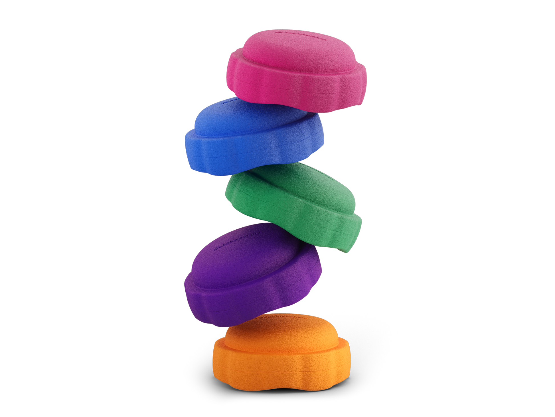 set of 5 dragon fruit, dark blue, jade, purple, orange colors versatile fun stacking stones, stepping stones made out of lightweight Expended Polypropylene foam for kids for movement, open ended play, active learning, creativity, exercise, social development, motor development, cognitive development. can be combined with the balance board.