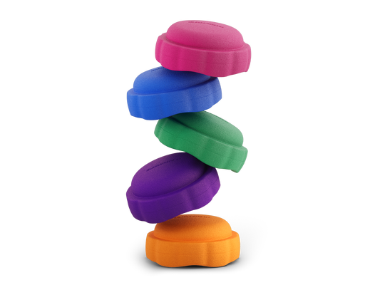 set of 5 dragon fruit, dark blue, jade, purple, orange colors versatile fun stacking stones, stepping stones made out of lightweight Expended Polypropylene foam for kids for movement, open ended play, active learning, creativity, exercise, social development, motor development, cognitive development. can be combined with the balance board.