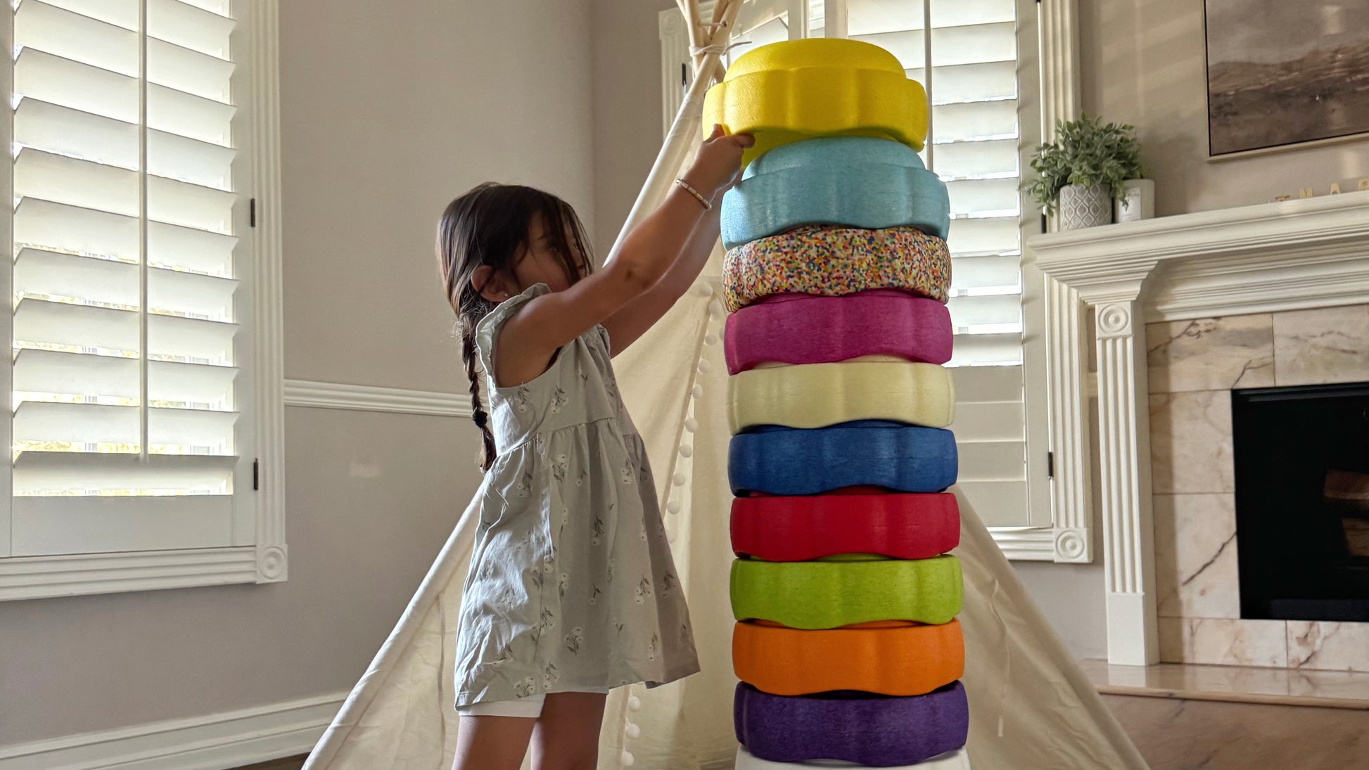 Colorful fun versatile stacking stones, stepping stones made out of lightweight Expended Polypropylene foam for kids for movement, open ended play, active learning, creativity, exercise, social development, motor development, cognitive development. can be combined with the balance board