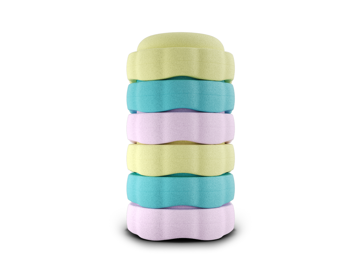 set of 6 pastel yellow, turquoise, light pink, pastel yellow, turquoise, light pink colors versatile fun stacking stones, stepping stones made out of lightweight Expended Polypropylene foam for kids for movement, open ended play, active learning, creativity, exercise, social development, motor development, cognitive development. can be combined with the balance board.